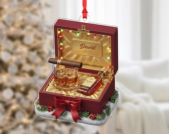 Personalized Whiskey Gift Box Ornament 2025 – Bourbon and Cigar