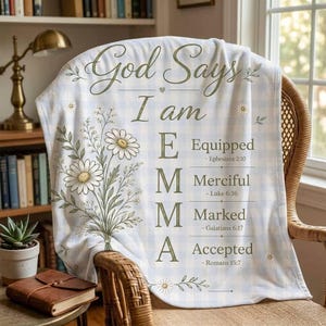Throw blanket, Christian bible verse blue gingham daisy floral religious decor