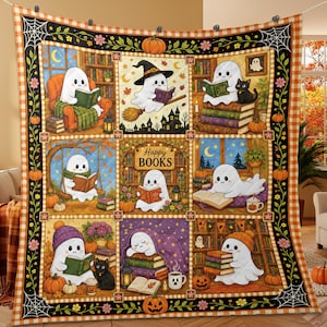 Täckfilt Halloween Spöke Läsbok Patchwork Höstpumpa Orange Mönster