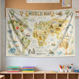 May include: A world map wall tapestry featuring illustrations of animals, landmarks, and transportation across continents and oceans. The map includes the text "WORLD MAP" and a location pin labeled "Mrs. Sophia's classroom" over North America.