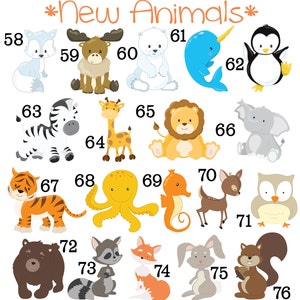 Peut inclure: Une collection d'illustrations d'animaux de dessins anim&eacute;s, dont un renard, un ours et un z&egrave;bre, avec le texte "New Animals" en haut. Chaque animal est num&eacute;rot&eacute;, avec un total de 19 animaux diff&eacute;rents.