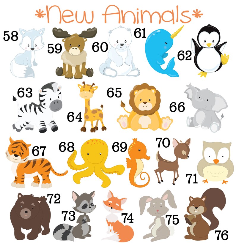 Peut inclure: Une collection d'illustrations d'animaux de dessins anim&eacute;s, dont un renard, un ours et un z&egrave;bre, avec le texte "New Animals" en haut. Chaque animal est num&eacute;rot&eacute;, avec un total de 19 animaux diff&eacute;rents.