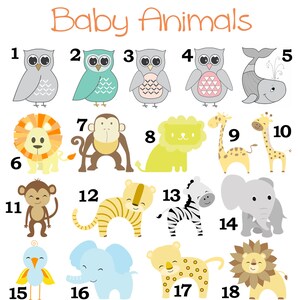 Peut inclure: Une collection d'animaux de b&eacute;b&eacute; de dessin anim&eacute; color&eacute;s, comprenant des hiboux, une baleine, un lion, un singe, une girafe, un z&egrave;bre, un &eacute;l&eacute;phant et un gu&eacute;pard. Le texte "Baby Animals" est en haut.