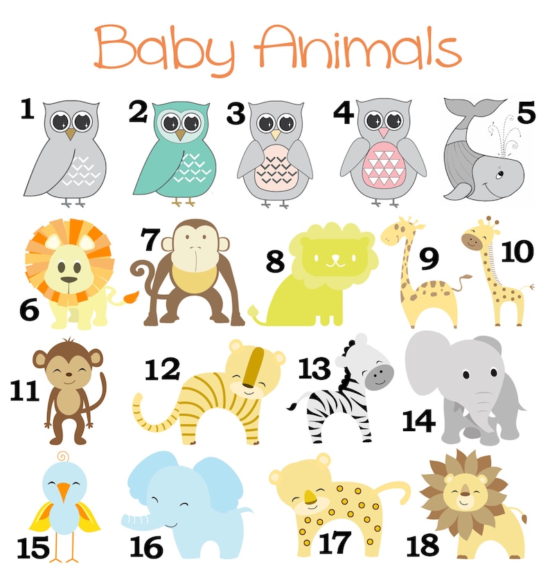 Peut inclure: Une collection d'animaux de b&eacute;b&eacute; de dessin anim&eacute; color&eacute;s, comprenant des hiboux, une baleine, un lion, un singe, une girafe, un z&egrave;bre, un &eacute;l&eacute;phant et un gu&eacute;pard. Le texte "Baby Animals" est en haut.