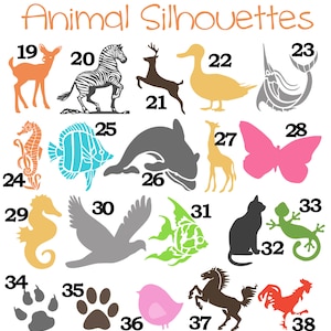Peut inclure: Une collection de silhouettes d'animaux de diff&eacute;rentes couleurs, dont un cerf, un z&egrave;bre, un canard, un hippocampe, un poisson, un dauphin, un papillon, un chat, un l&eacute;zard, un oiseau, un cheval et un coq. Le texte "Animal Silhouettes" est en haut.