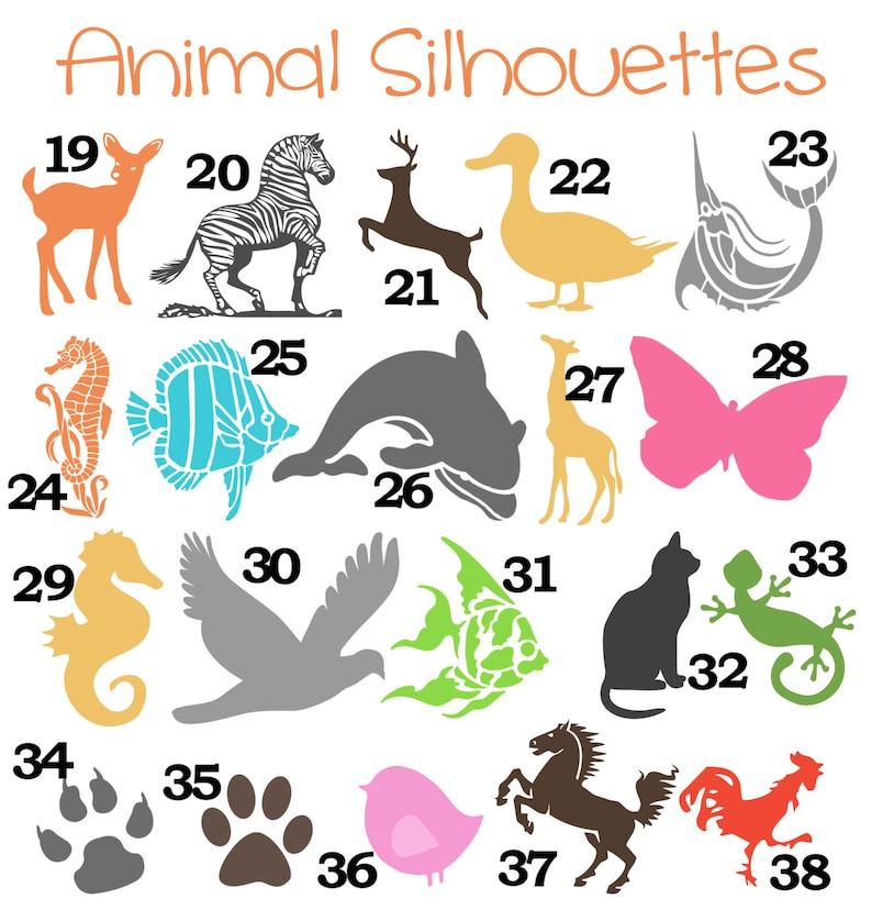 Peut inclure: Une collection de silhouettes d'animaux de diff&eacute;rentes couleurs, dont un cerf, un z&egrave;bre, un canard, un hippocampe, un poisson, un dauphin, un papillon, un chat, un l&eacute;zard, un oiseau, un cheval et un coq. Le texte "Animal Silhouettes" est en haut.