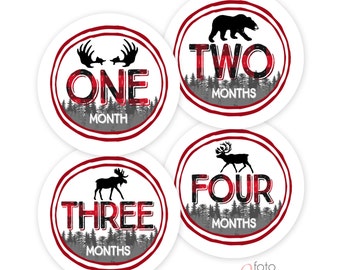 RTS Baby Boy Monthly Bodysuit Stickers, Buffalo Plaid Woodland - Sets of 4 months or 1-12 Months, Just Born, Deer, Moose, Bear, Wildlife