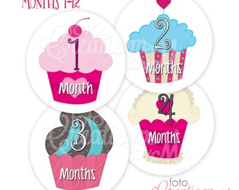 RTS Baby Girl Monthly Bodysuit Stickers, Cupcake Sweets Collection - Sets of 4 months or All 1-12 Months