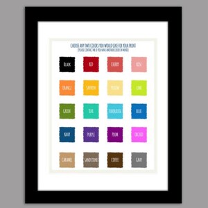 Peut inclure: Une impression encadr&eacute;e pr&eacute;sentant un nuancier avec diverses pastilles de couleurs. Le texte indique &laquo;&nbsp;CHOISISSEZ DEUX COULEURS POUR VOTRE IMPRESSION&nbsp;&raquo;. Les couleurs incluent noir, rouge, cerise, rose, orange, safran, jaune, vert citron, vert, sarcelle, turquoise, bleu, marine, violet, prune, orchid&eacute;e, caramel, gr&egrave;s, caf&eacute; et gris.
