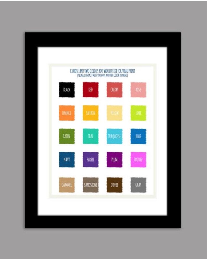 Peut inclure: Une impression encadr&eacute;e pr&eacute;sentant un nuancier avec diverses pastilles de couleurs. Le texte indique &laquo;&nbsp;CHOISISSEZ DEUX COULEURS POUR VOTRE IMPRESSION&nbsp;&raquo;. Les couleurs incluent noir, rouge, cerise, rose, orange, safran, jaune, vert citron, vert, sarcelle, turquoise, bleu, marine, violet, prune, orchid&eacute;e, caramel, gr&egrave;s, caf&eacute; et gris.