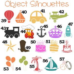 Peut inclure: Diverses silhouettes d'objets color&eacute;s, dont une montgolfi&egrave;re, un voilier, une voiture, un avion, un train, une ancre, une couronne, une fus&eacute;e, une &eacute;toile, une botte de cow-boy, des ballons, un palmier, un voilier et des ballons de sport. Le texte "Object Silhouettes" est en haut.