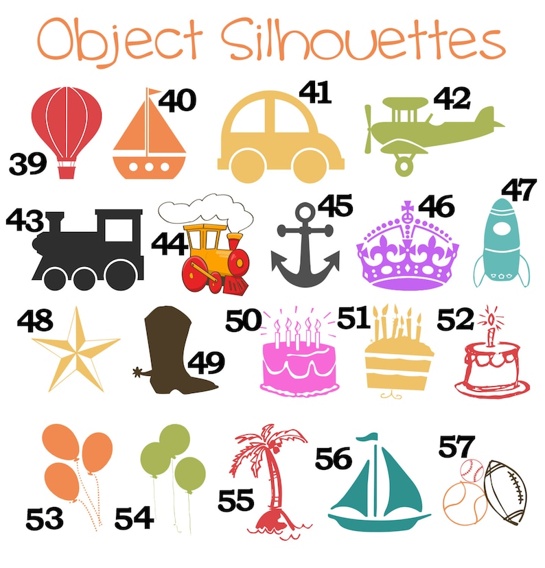 Peut inclure: Diverses silhouettes d'objets color&eacute;s, dont une montgolfi&egrave;re, un voilier, une voiture, un avion, un train, une ancre, une couronne, une fus&eacute;e, une &eacute;toile, une botte de cow-boy, des ballons, un palmier, un voilier et des ballons de sport. Le texte "Object Silhouettes" est en haut.