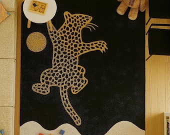 Hand Tufted NZ Wool Leopard Rug – Black, White & Yellow Nursery Carpet.