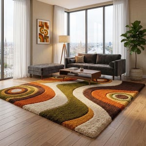 May include: A rectangular area rug featuring a high-pile texture with a repeating pattern of concentric circles and flowing, wavy lines in shades of cream, olive green, burnt orange, and dark brown, covering a light-coloured wooden floor.