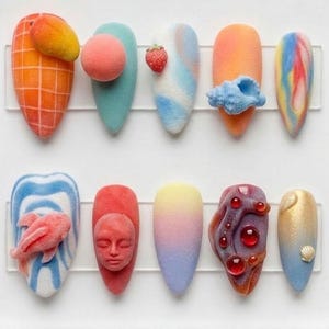 May include: A set of ten artificial nails with various designs. The nails feature a range of colors, including orange, blue, red, and yellow, and are decorated with 3D elements like a mango, a strawberry, a cloud, a face, and a seashell. The nails are displayed in a clear plastic container.