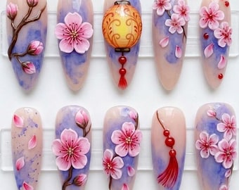 Uñas postizas con diseño de flor de cerezo / Arte floral 3D, nubes de acuarela y farol tradicional / Uñas ovaladas largas para una estética asiática elegante