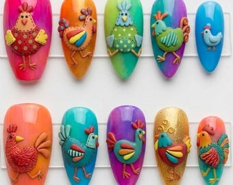 Handmade 3D Funky Chicken Press On Nails | Colorful Cartoon Hen, Rooster & Chick | Almond Nails For Whimsical Farmcore Vibe