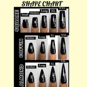 Puede incluir: Tabla de formas de u&ntilde;as que muestra estilos cuadrados, ata&uacute;d y almendrados. Los tama&ntilde;os van de peque&ntilde;o a XXL, con longitudes en cm y pulgadas. La tabla proporciona una gu&iacute;a visual de las diferentes formas de u&ntilde;as y sus medidas.