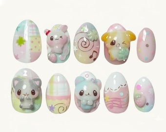Uñas postizas de animales kawaii hechas a mano para fiestas / Adornos 3D de conejito, hámster y oso, diseño de estrellas a cuadros pastel / Uñas cortas y redondas para un dulce estilo Y2K