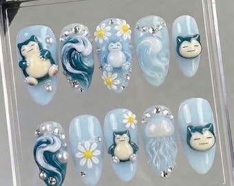 Handmade Snor.lax Anime Press On Nails, Blue Ocean Wave Nail Set, 3D Jellyfish & Daisy Art, Nails For Cute Kawaii Vibes