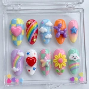 Handcrafted 3D Balloon Dog Press On Nails, Kawaii Rainbow Sky Nail Set, Pastel Checkered Accents, Nails For Fun Kidcore Summer Picnic Vibes