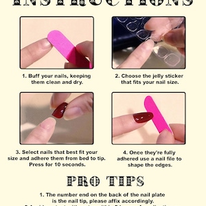 Puede incluir: Imagen instructiva para aplicar u&ntilde;as postizas. Los pasos se muestran en cuatro paneles: limar las u&ntilde;as, seleccionar pegatinas, aplicar las u&ntilde;as y dar forma a los bordes. Tambi&eacute;n incluye consejos profesionales.