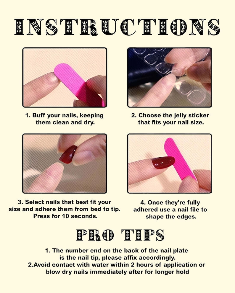 Puede incluir: Imagen instructiva para aplicar u&ntilde;as postizas. Los pasos se muestran en cuatro paneles: limar las u&ntilde;as, seleccionar pegatinas, aplicar las u&ntilde;as y dar forma a los bordes. Tambi&eacute;n incluye consejos profesionales.