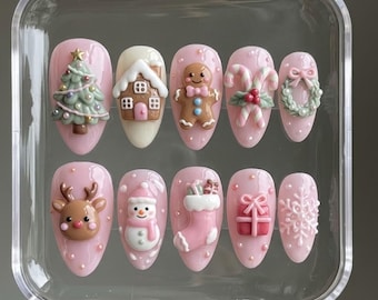 Handgefertigte rosafarbene Weihnachts-Press-On-Nägel, 3D-Lebkuchen- und Rentier-Set, Schneemann- und Schneeflockenmotiv, Nägel für Kawaii-Weihnachtsstimmung