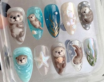 Handmade Sea Otter Press On Nails, Ocean Blue Nail Set, 3D Seashell & Starfish Accents, Nails For Kawaii Artistic Vibes