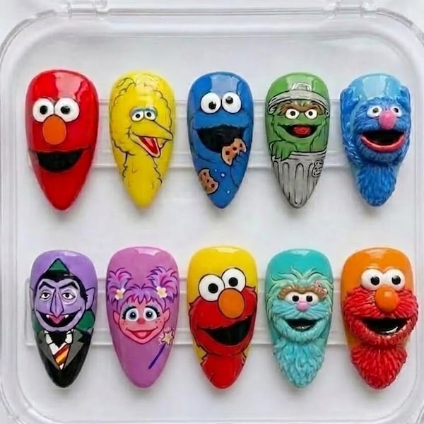 3D Sesamstraße Drücken Sie die Nägel | Elmo, Krümelmonster, Abby Cadabby & Big Bird Character Art | Mandel Nägel für Kidcore Nostalgie Vibe