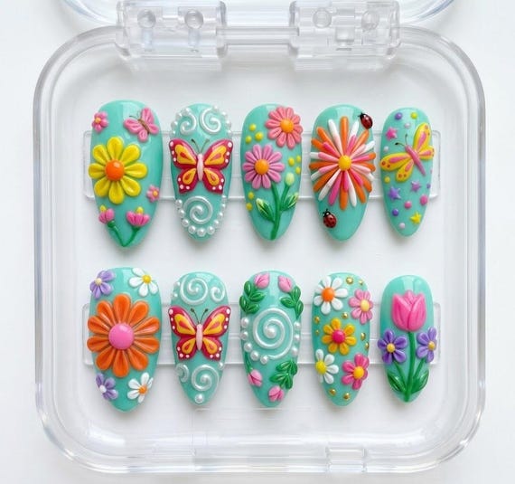 Whimsical Meadow Press On Nails | 3D Butterflies, Vibrant Daisies, Ladybugs & Pearl Swirls | Almond Nails For Playful Cottagecore Vibe
