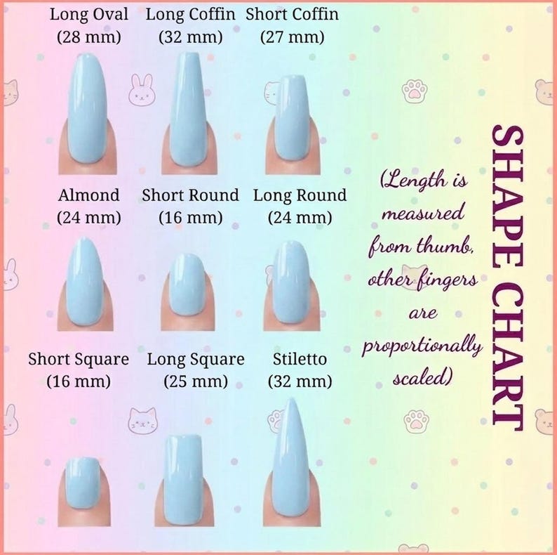 May include: A shape chart for press-on nails featuring nine light blue nail shapes with labels and measurements in millimeters: Long Oval 28mm, Long Coffin 32mm, Short Coffin 27mm, Almond 24mm, Short Round 16mm, Long Round 24mm, Short Square 16mm, Long Square 25mm, Stiletto 32mm.
