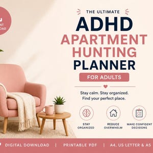 May include: A digital download advertisement for an ADHD Apartment Hunting Planner for adults. The image features a pink armchair with a cream-colored throw, a small wooden table with a mug and plant, and a large potted plant. Text includes "Stay calm. Stay organized."