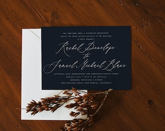 Navy Blue Wedding Invitations, Navy Blue Invitation, Navy Blue Wedding Invitation Set Suite, Printed Elegant Inexpensive Wedding Invitation