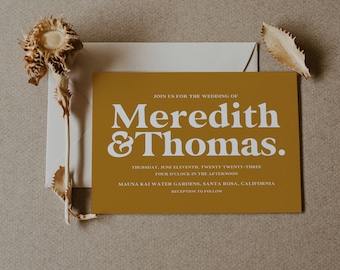 Mustard Yellow Retro Casual Indie Printed Bespoke Cool Cheap Wedding 70s Hipster Wedding Invitations Invitation Set Suite
