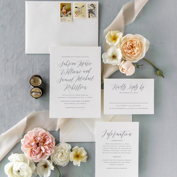 Charming Clean Calligraphy Script Romantic Printed Bespoke Inexpensive Wedding Wedding Invitations Invitation Invites Set Suite