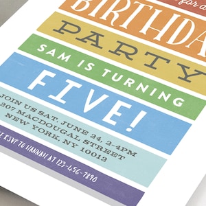 May include: A colorful birthday party invitation for a child turning five. The invitation features a rainbow color scheme with the words "Birthday Party" and "Sam is turning Five!" in a bold, vintage font. The invitation includes the date, time, and location of the party, as well as a request to RSVP to Hannah at the provided phone number.
