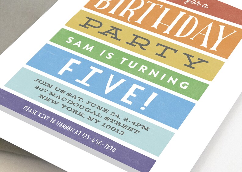 May include: A colorful birthday party invitation for a child turning five. The invitation features a rainbow color scheme with the words "Birthday Party" and "Sam is turning Five!" in a bold, vintage font. The invitation includes the date, time, and location of the party, as well as a request to RSVP to Hannah at the provided phone number.