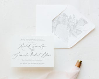 Romantic Light Gray Grey Script Feminine Light Wedding Invitation Set Suite, Printed Elegant Subtle Wedding Invitations Invitation