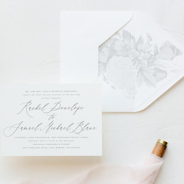 Romantic Light Gray Grey Script Feminine Light Wedding Invitation Set Suite, Printed Elegant Subtle Wedding Invitations Invitation