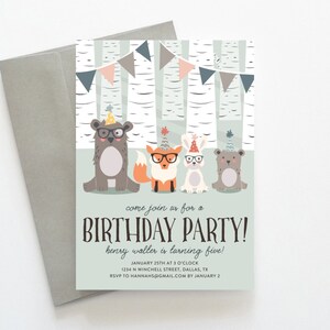 Birthday Party Invitations, Woodland Creatures Birthday Party Invitations, Printable Fox Birthday Invitations, Unique Birthday Party Invite image 1