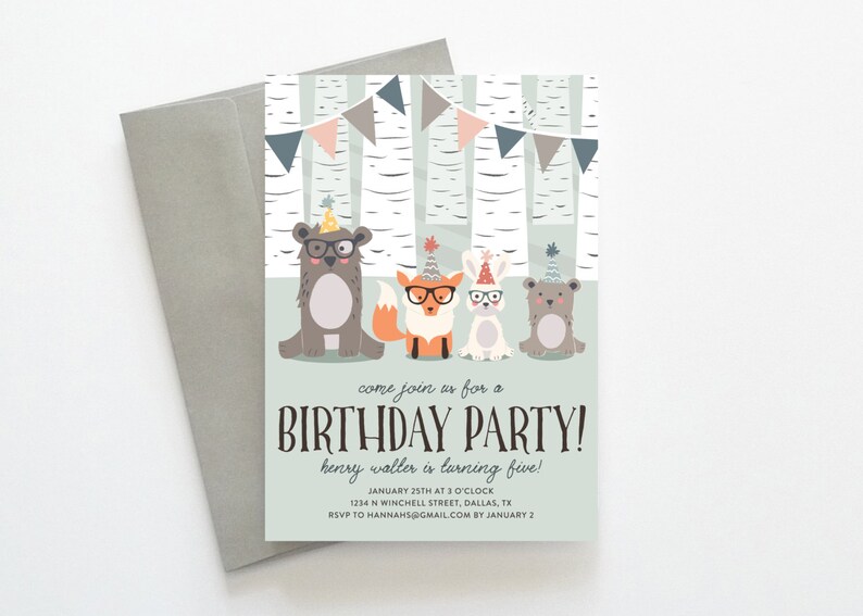 Birthday Party Invitations, Woodland Creatures Birthday Party Invitations, Printable Fox Birthday Invitations, Unique Birthday Party Invite image 1