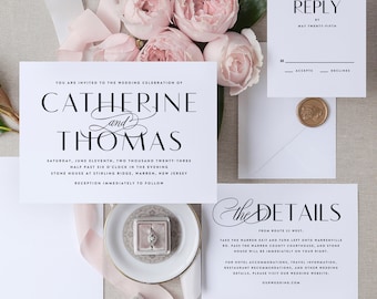 Classic Elegant Wedding Invitation Set Suite, Bold Formal Modern Printed Premium Subtle Inexpensive Wedding Invitations Invitation with RSVP