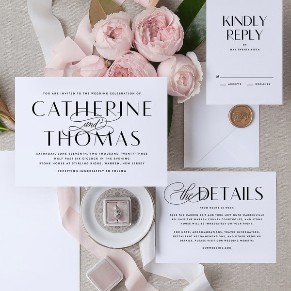 Classic Elegant Wedding Invitation Set Suite, Bold Formal Modern Printed Premium Subtle Inexpensive Wedding Invitations Invitation with RSVP