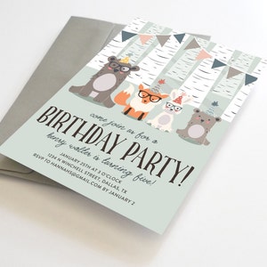 Birthday Party Invitations, Woodland Creatures Birthday Party Invitations, Printable Fox Birthday Invitations, Unique Birthday Party Invite image 2