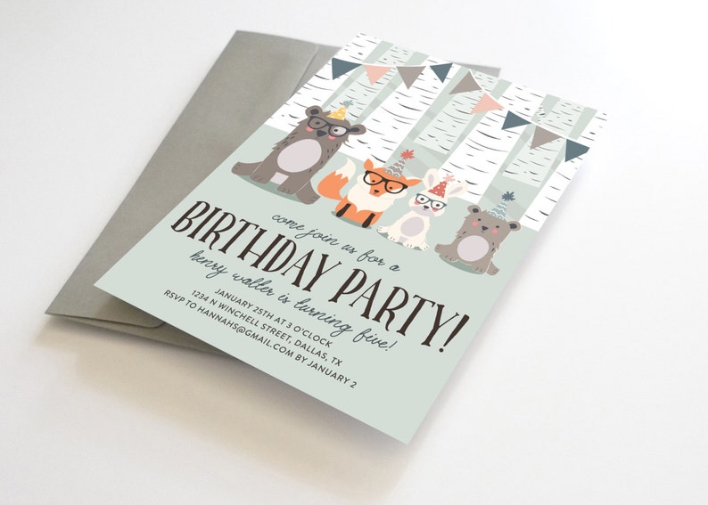 Birthday Party Invitations, Woodland Creatures Birthday Party Invitations, Printable Fox Birthday Invitations, Unique Birthday Party Invite image 2