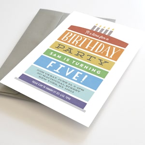 May include: A colorful birthday party invitation with a rainbow cake design. The invitation says "It's time for a Birthday Party Sam is turning Five!" and includes the date, time, and location of the party.