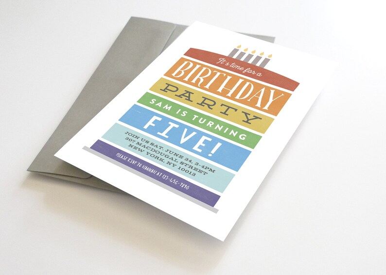 May include: A colorful birthday party invitation with a rainbow cake design. The invitation says "It's time for a Birthday Party Sam is turning Five!" and includes the date, time, and location of the party.