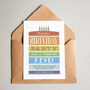 May include: A colorful birthday party invitation with a layered cake design. The invitation says "It's time for a Birthday Party Sam is turning Five!" and includes the date, time, and location of the party.