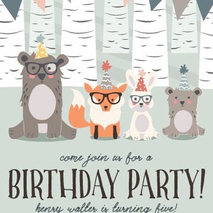 Birthday Party Invitations, Woodland Creatures Birthday Party Invitations, Printable Fox Birthday Invitations, Unique Birthday Party Invite image 3